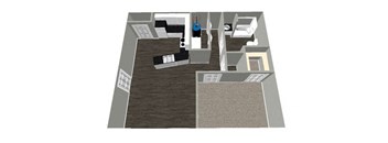 A 3D rendered image of a house layout.