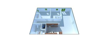 A 3D image of a house layout with a kitchen, living room, and bathroom.