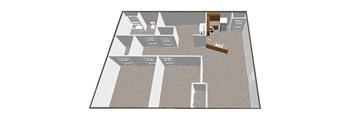A 3D image of a house layout with rooms and furniture.