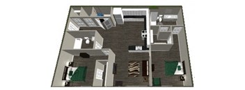 A 3D rendered image of a house layout.