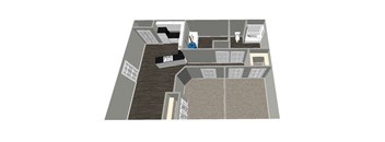 A 3D floor plan of a house with a kitchen, living room, and bathroom.