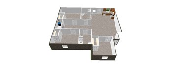 A 3D rendered image of a house layout.