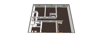 A 3D rendered image of a house layout.
