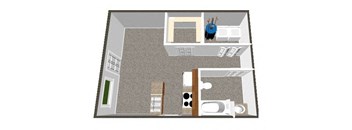 A 3D image of a house layout with a kitchen, living room, and bathroom.