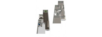 A 3D floor plan of a house with a staircase.