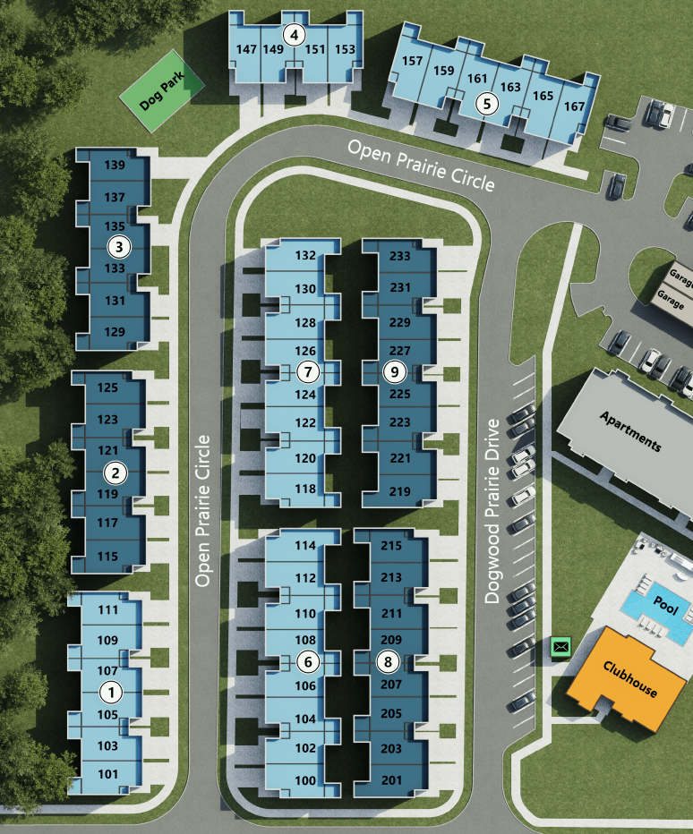 A map of a housing complex with numbered buildings and a dog park.