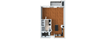 A 3D floor plan of a small apartment with a kitchen, living room, and bathroom.