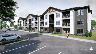 a rendering of an apartment complex with a white car parked in front of it