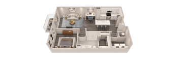 A 3D rendered image of a modern house interior.