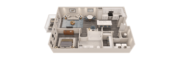 A 3D rendered image of a modern apartment layout.