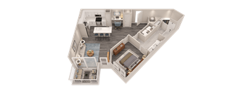 A 3D floor plan of a house with a kitchen, living room, dining room, and bedrooms.
