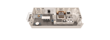 A 3D rendered image of a modern apartment layout.