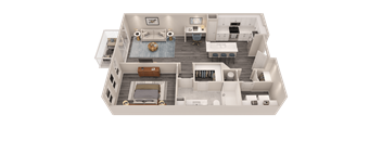 A 3D floor plan of a house with a living room, kitchen, dining room, and bathroom.