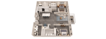 A 3D rendered image of a house layout.