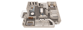 A 3D floor plan of a house with multiple rooms and furniture.