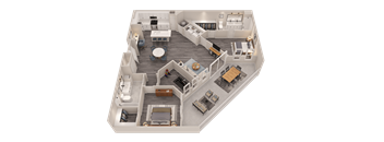 A 3D floor plan of a house with a kitchen, living room, dining room, and bedrooms.