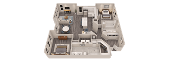 A 3D rendered image of a house layout.