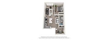 a stylized floor plan of a 1 bedroom apartment with a bathroom and a balcony