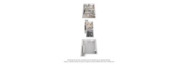 Three images of a room layout with a kitchen and bathroom.