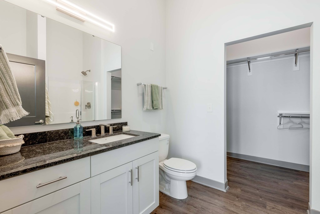 A bathroom with a toilet, sink, and mirror.