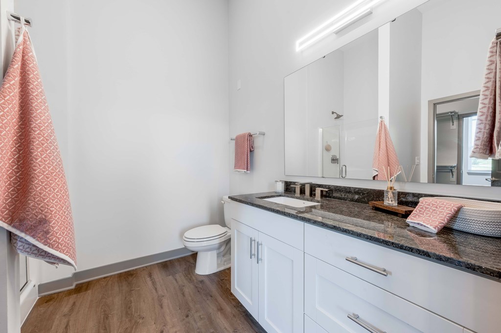 A bathroom with a toilet, sink, and mirror.