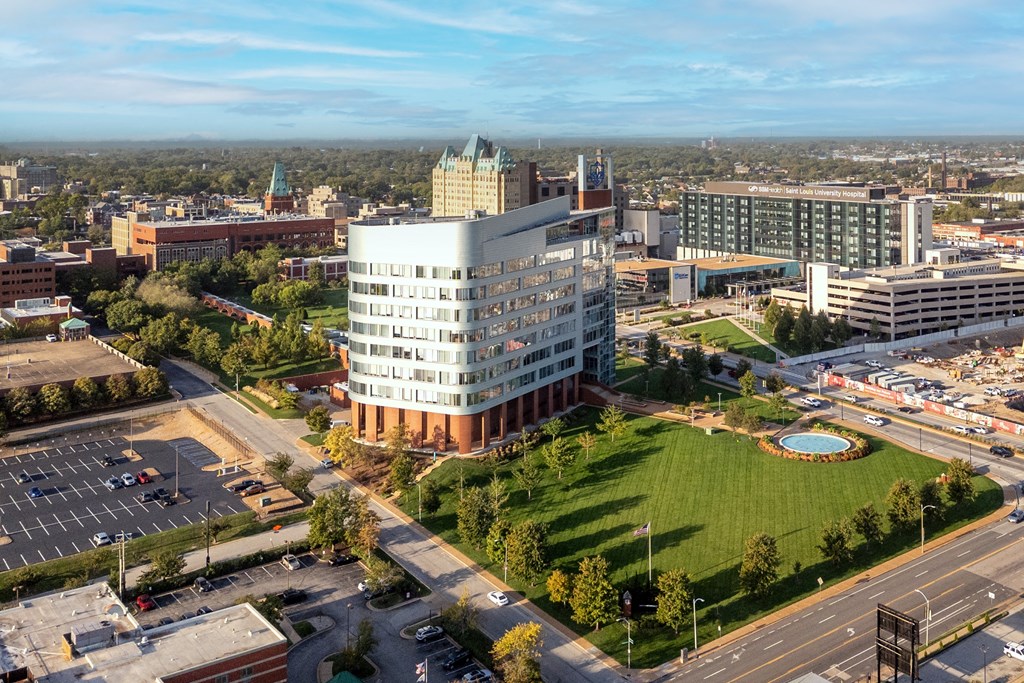 an aerial view of a building in a city at The Edwin on Grand Apartments, St Louis, 63103