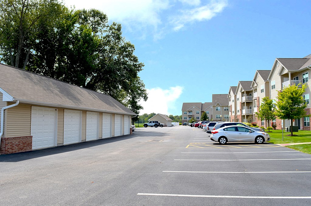 parking lot with single story garages at Villas At Crystal Lake, Swansea, Illinois