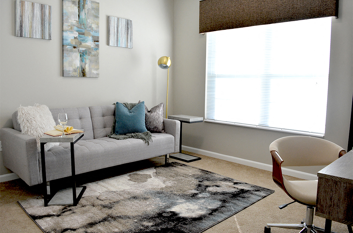 living toom with large window and gray couch at Villas At Crystal Lake, Swansea, IL, 62226