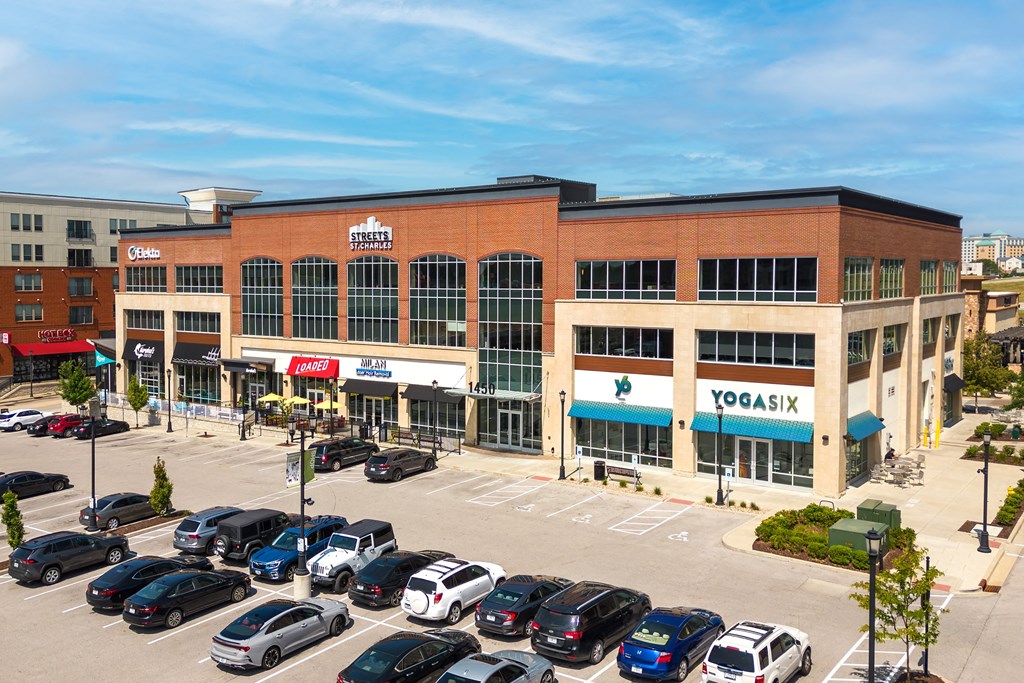 Streets of St. Charles office building with first floor retail  at Chapter at the Streets of St Charles, Saint Charles, Missouri