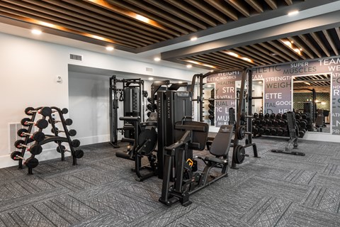 Large modern fitness center with free weights, resistance and strength training machines  at Chapter at the Streets of St Charles, Saint Charles, 63303