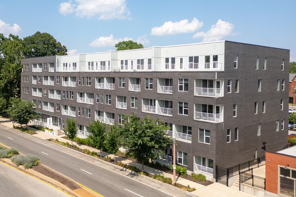 an aerial view of an apartment building on a city street at Grand Flats, St. Louis, MO