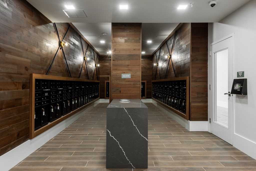 Large resident mail room with entry to parcel package lockers  at Chapter at the Streets of St Charles, Saint Charles