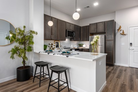 Modern kitchen with designer lighting, quartz countertops, dark cabinetry and stainless steel appliances  with countertop with seating  at Chapter at the Streets of St Charles, Saint Charles, 63303