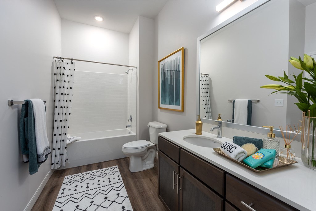 Modern bathroom granite countertop vanity, dark cabinetry, designer lighting and bathtub  at Chapter at the Streets of St Charles, Saint Charles