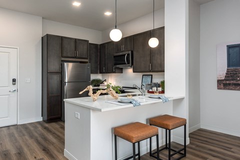 Modern kitchen with designer lighting, dark cabinetry, stainless steel appliances and counter with seating  at Chapter at the Streets of St Charles, Saint Charles, 63303