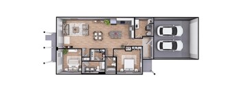 2 Bedroom 2 Bathroom Floorplan at French District Villas Apartments, Missouri