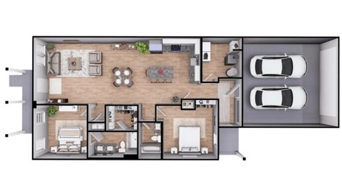 A floor plan of a house with a living room, dining room, kitchen, and two bedrooms.