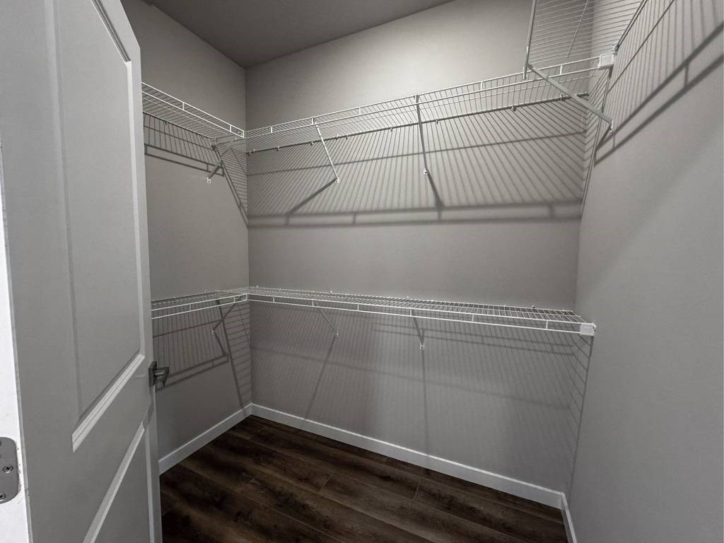 A walk in closet with shelves and a door.