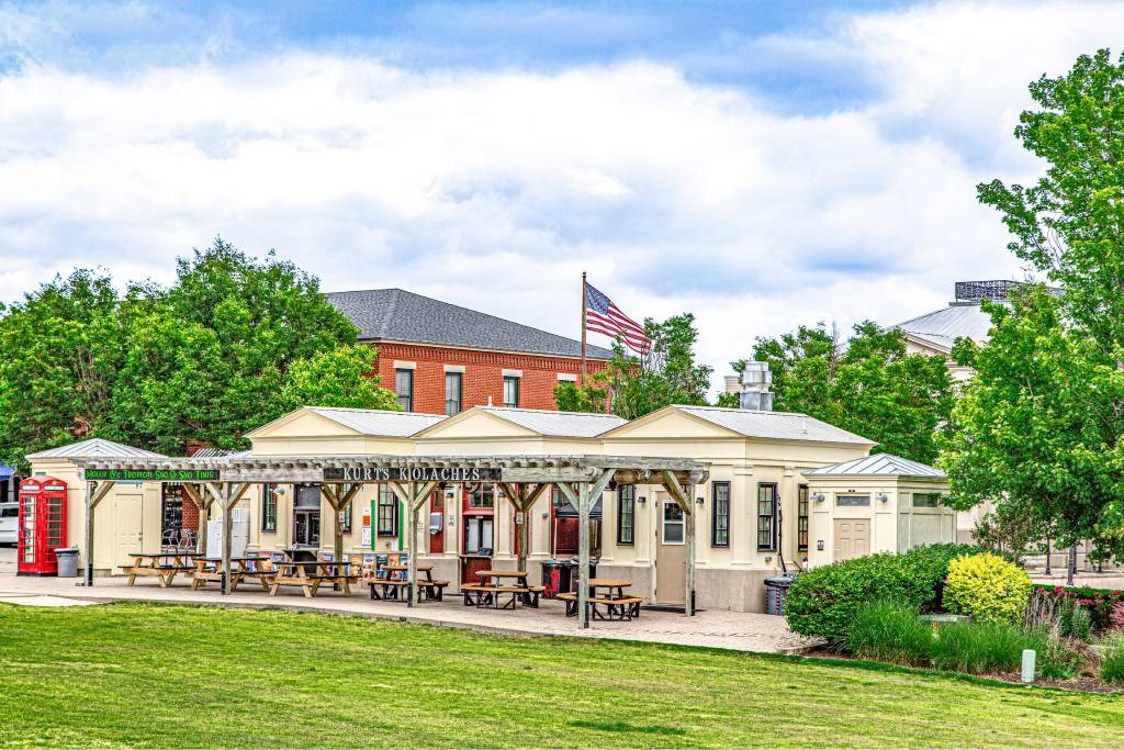 A building with a flag on it is surrounded by trees.