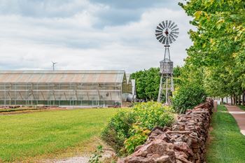 A windmill stands next to a green field.