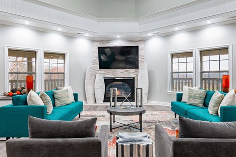 Living Room with Fireplace, Large Windows at Timber Lakes at Red Bridge, Kansas City