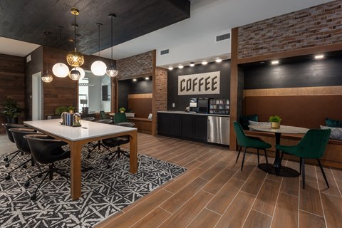 Complimentary coffee bar in resident lounge  at Chapter at the Streets of St Charles, Saint Charles, 63303