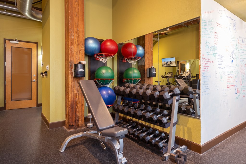 a gym with a row of weights and a rack of balls at Lofts at Lafayette Square Apartments, Saint Louis, MO