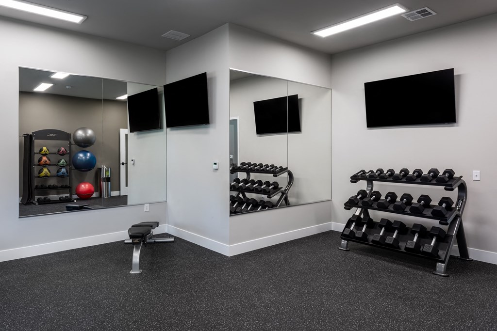 a gym with weights and mirrors in a building