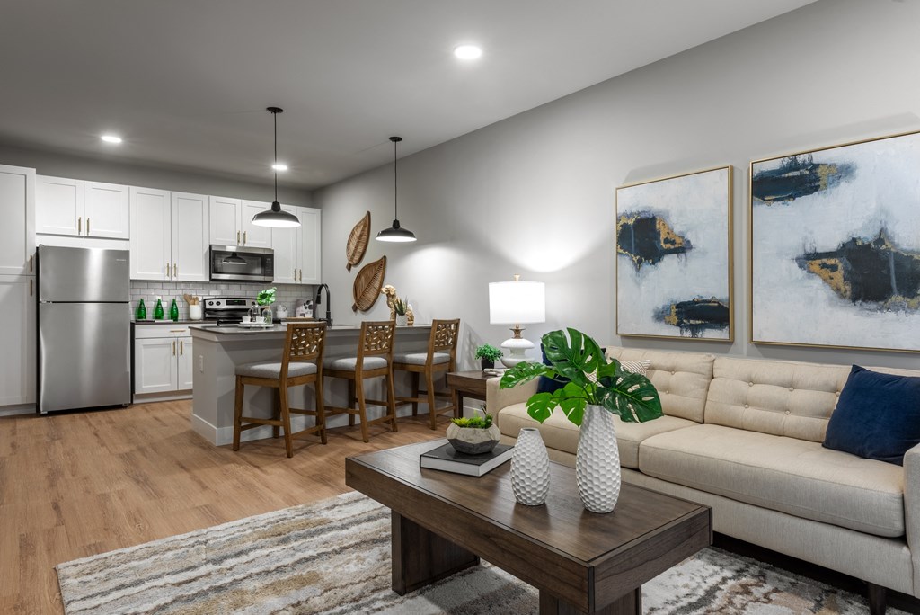 a living room with a couch and a table