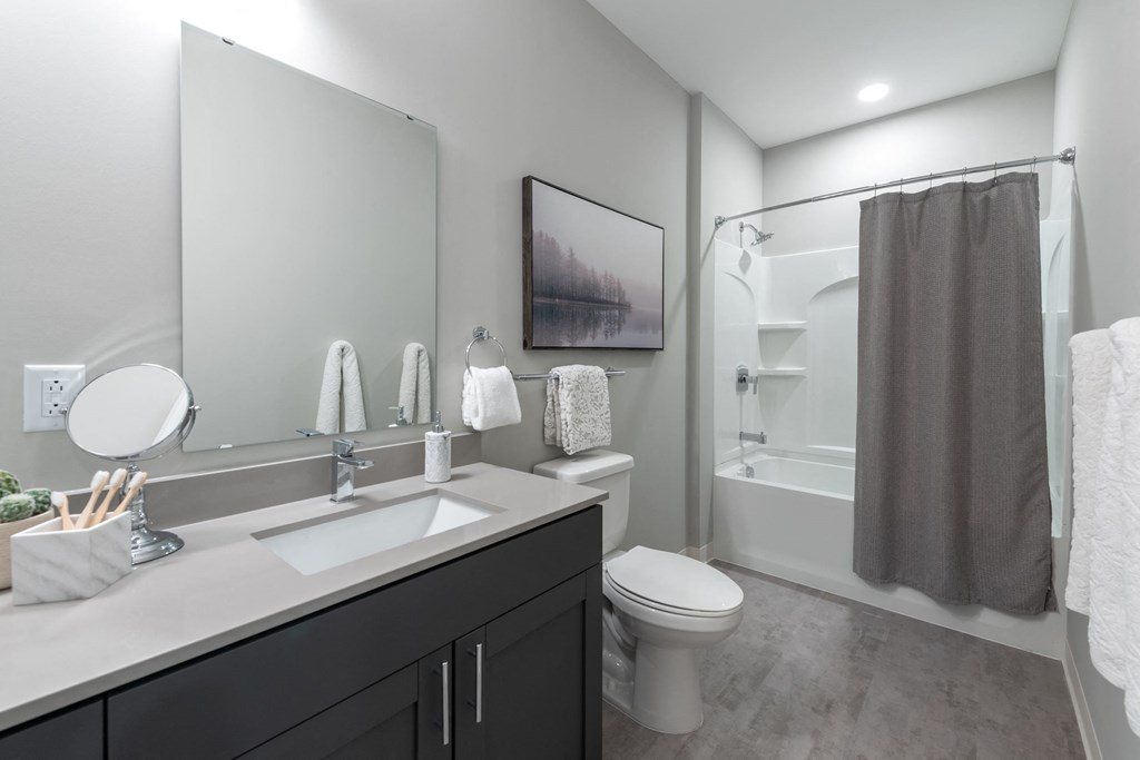 a bathroom with a sink and a toilet and a shower at The Edwin on Grand Apartments, St Louis, MO