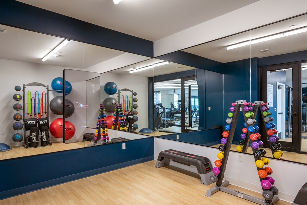 a workout room with weights and mirrors and a bench at The Edwin on Grand Apartments, St Louis, 63103
