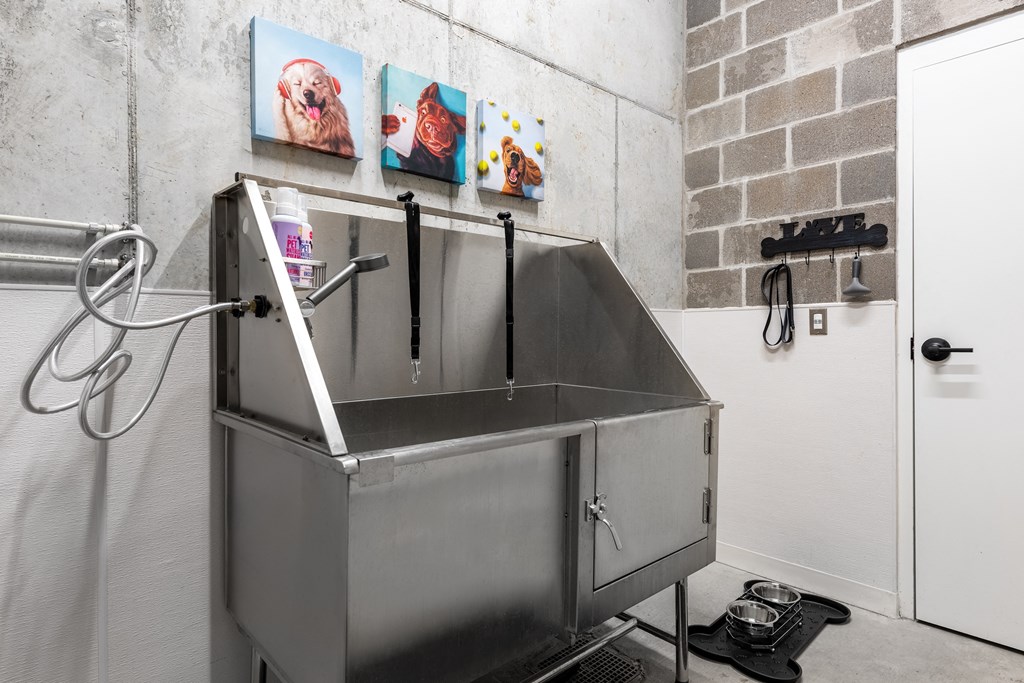 a large stainless steel sink in a room with a white door at The Edwin on Grand Apartments, St Louis, 63103