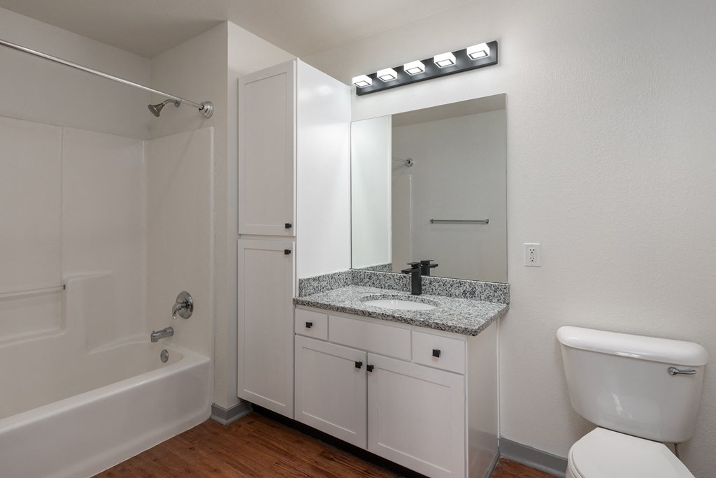 a bathroom with a toilet sink and mirror and a tub at Lofts at Lafayette Square Apartments, Missouri