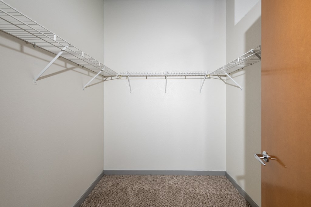 a walk in closet with white walls and a wooden door at Lofts at Lafayette Square Apartments, Saint Louis, MO, 63104